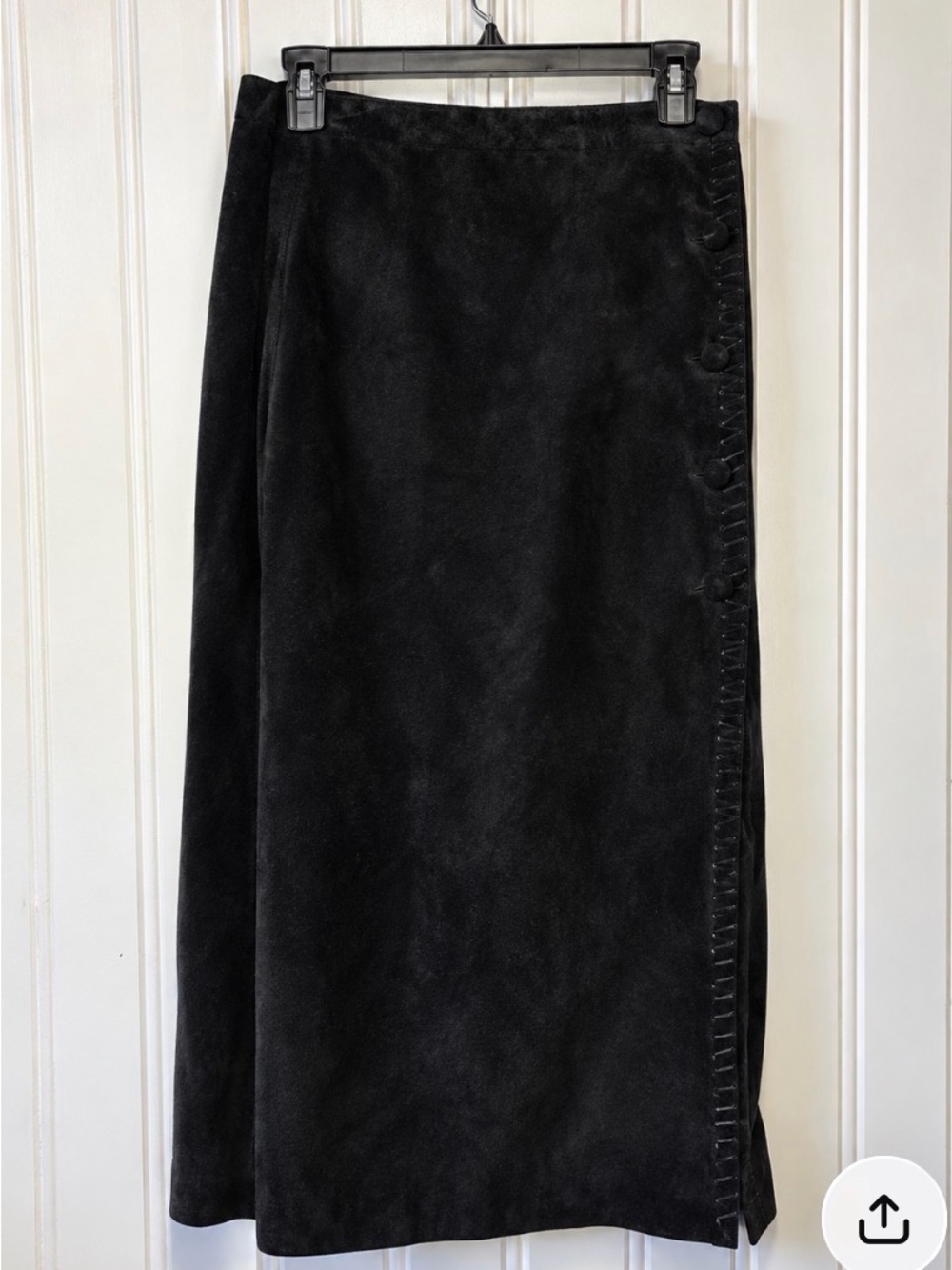 Vintage Cedars Black Suede Leather Skirt Size 12 Midi Pencil Skirt Button Detail